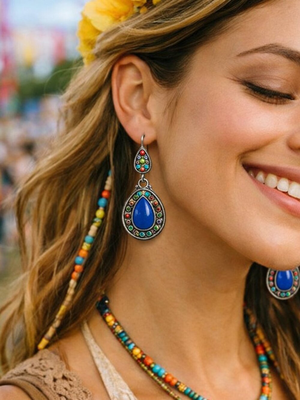 Cobalt Blue Teardrop Earrings NEW Colorful Beads Silver Dangle Drop Boho